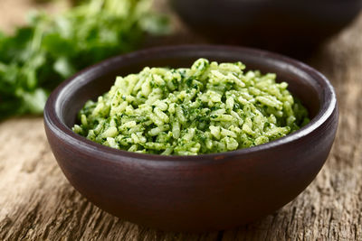 High angle view of salad in bowl on table