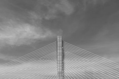 Low angle view of suspension bridge against cloudy sky