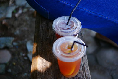 High angle view of drink on table