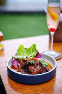Close-up of drink served on table