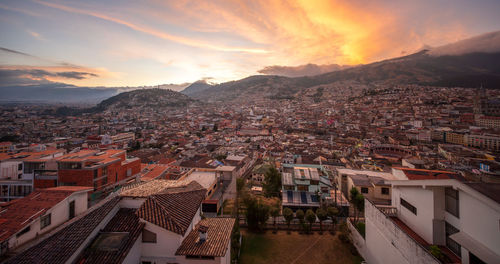 High angle view of townscape against sky during sunset