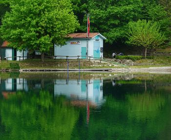 Reflection of trees in water against sky