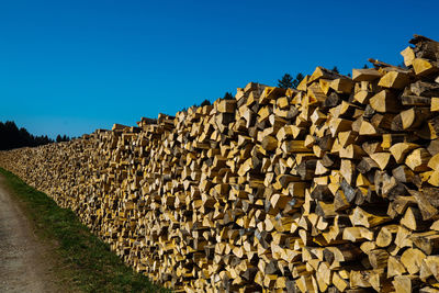 Low angle view of stone wall against clear blue sky