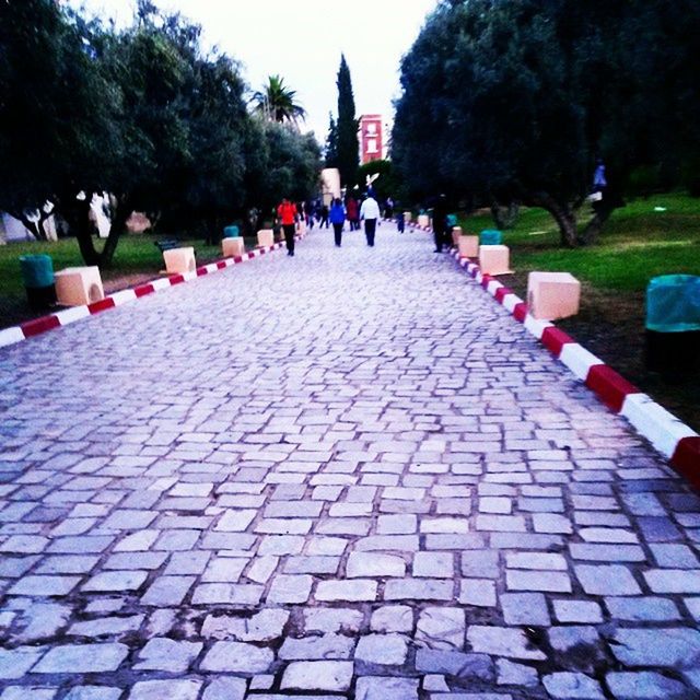 cobblestone, building exterior, architecture, built structure, tree, large group of people, person, religion, the way forward, footpath, place of worship, spirituality, in a row, incidental people, travel destinations, paving stone, lifestyles, leisure activity, men