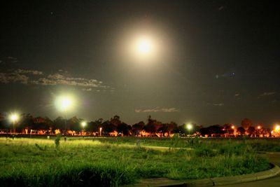 Scenic view of illuminated field against sky at night