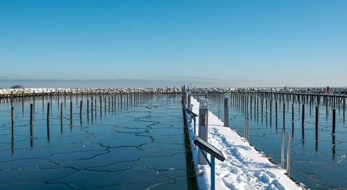 The marina at the ostseebad grömitz on the baltic sea frozen over in winter