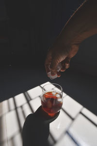 Cropped hand putting ice cubes in glass