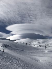 Scenic view of snow covered mountain against sky