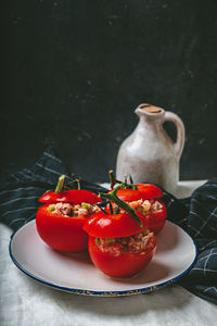 Close-up of strawberries in plate on table