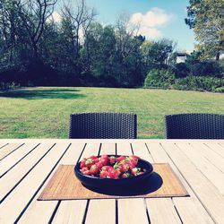 Strawberries on table in lawn