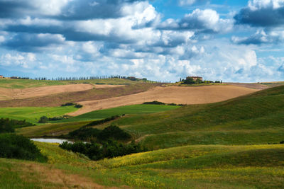 Scenic view of agricultural field against sky