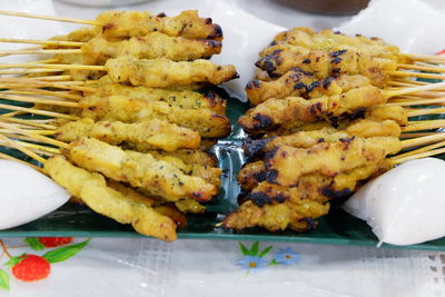 High angle view of food in plate on table