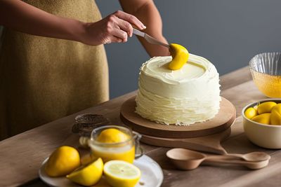 A woman is decorating a cake with lemons