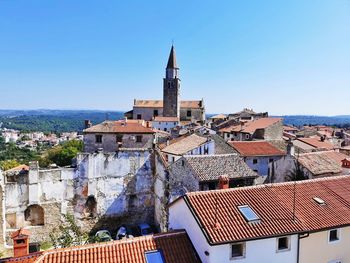 Aerial view of townscape against clear blue sky