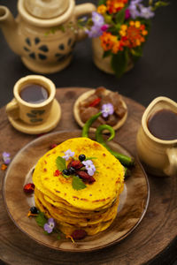 High angle view of breakfast served on table