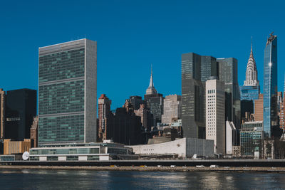 United nations building view on a clear blue day, midtown manhattan skyline, new york city