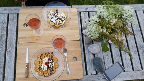 High angle view of breakfast on table