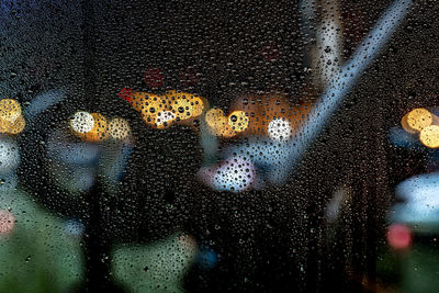 Full frame shot of wet glass window at night 