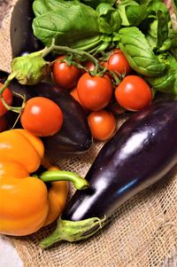 High angle view of fruits and vegetables