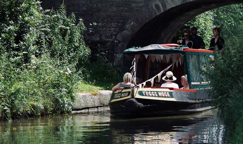 Boat sailing on river by trees