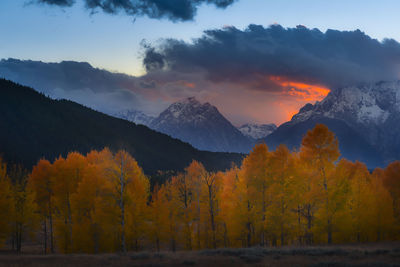 Scenic view of mountains against sky during autumn