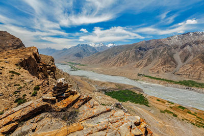 View of spiti valley and spiti river in himalayas.