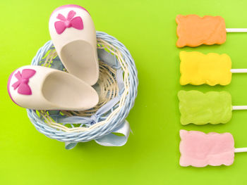 High angle view of multi colored candies on table