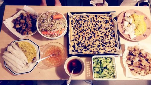 High angle view of breakfast on table