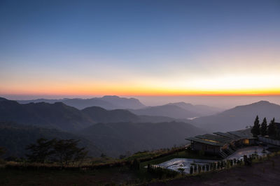 Scenic view of mountains against sky during sunset