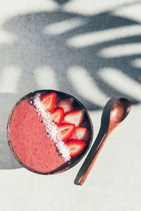 High angle view of strawberry on table