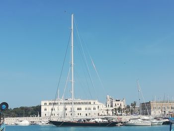 View of marina at harbor against clear sky