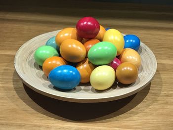 High angle view of multi colored balls in bowl on table