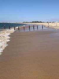 Wooden posts on beach against clear sky