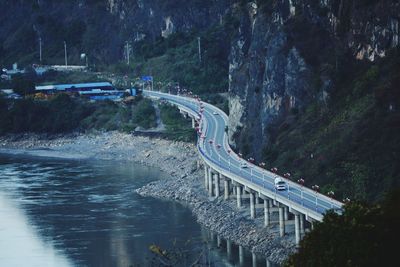 High angle view of bridge over river by trees