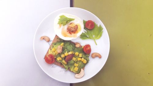 High angle view of breakfast served on table