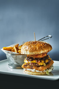 Close-up of burger in plate on table