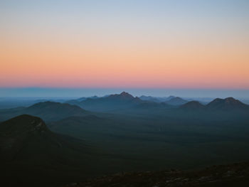 Scenic view of mountains against sky during sunset