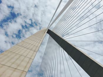 Directly below shot of suspension bridge against cloudy sky