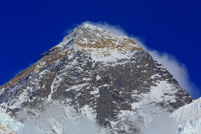 Low angle view of snowcapped mountain against blue sky