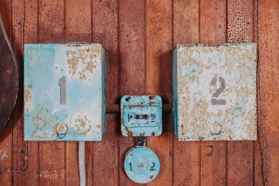 Close-up of old rusty mounted on wall