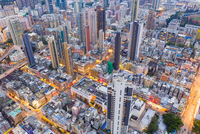 High angle view of modern buildings in city