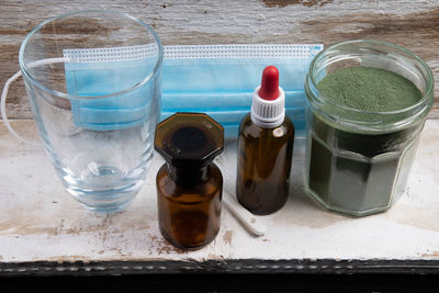 High angle view of drink in glass on table