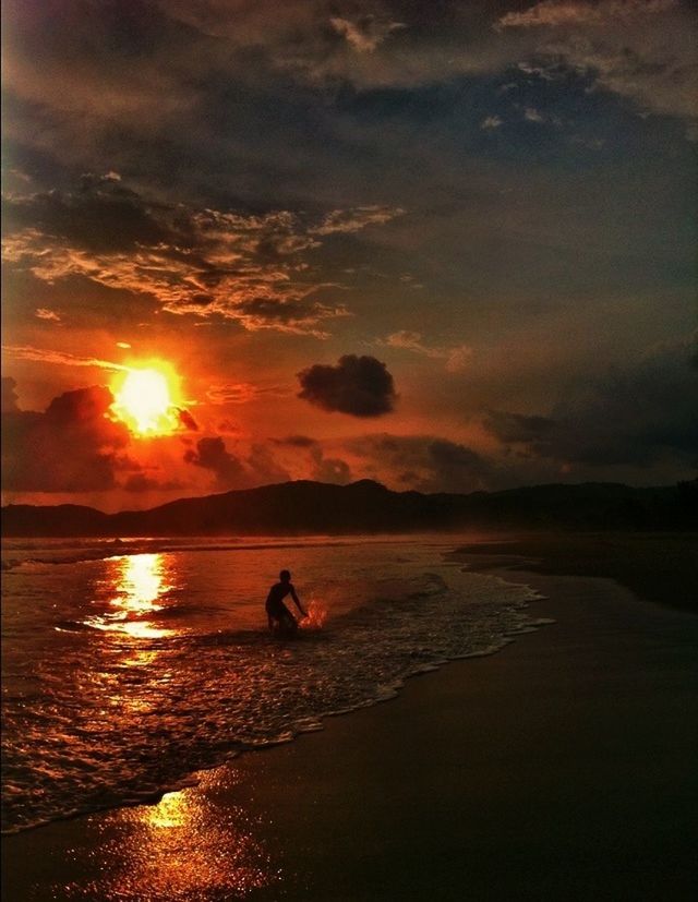 sunset, water, reflection, sun, sky, silhouette, orange color, animal themes, sea, beauty in nature, scenics, tranquil scene, one animal, cloud - sky, tranquility, nature, sunlight, beach, idyllic, bird