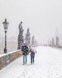 People on snow covered street against sky