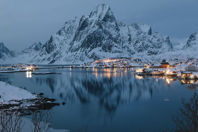 Scenic view of snowcapped mountains against sky during winter