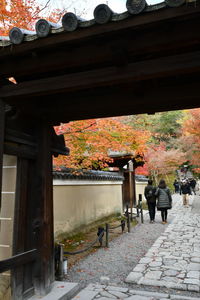 People by building during autumn