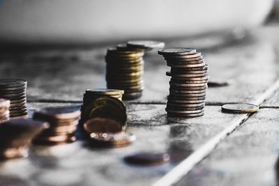 Stack of coins on table