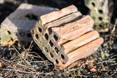 Close-up of abandoned stack on field