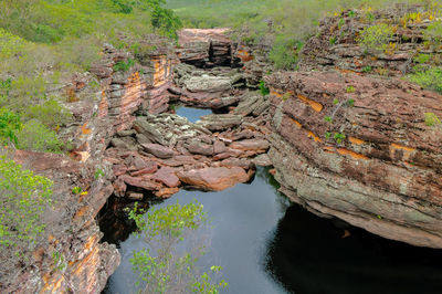 High angle view of rocks on river