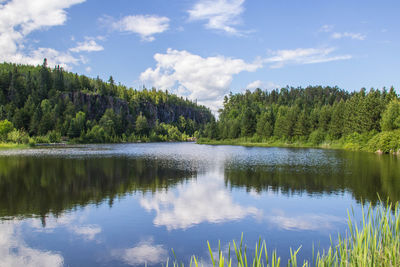 Scenic view of lake by trees against sky